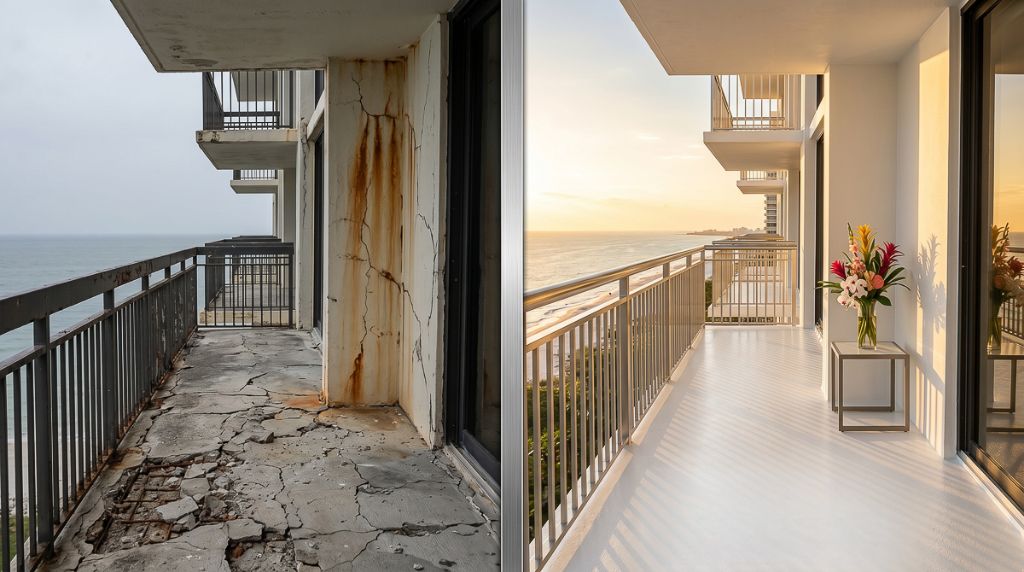 Before and after balcony structural restoration by Restore Group FL