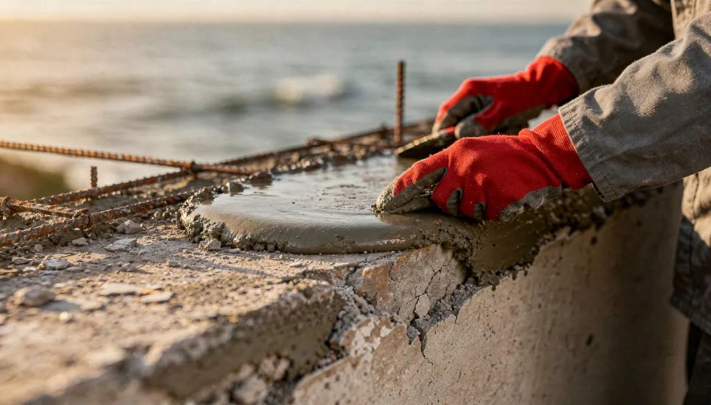 Concrete repair work with rebar on coastal building balcony