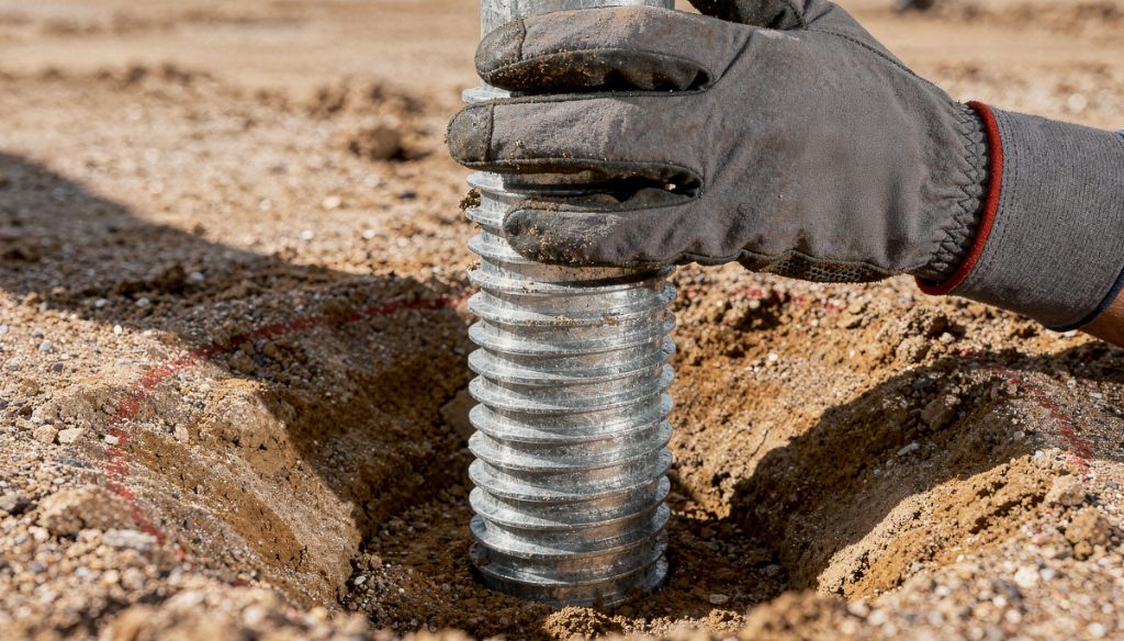 Helical pile installation close-up detail
