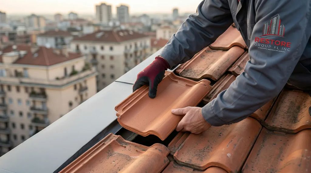 Restore Group FL technician installing clay roof tiles