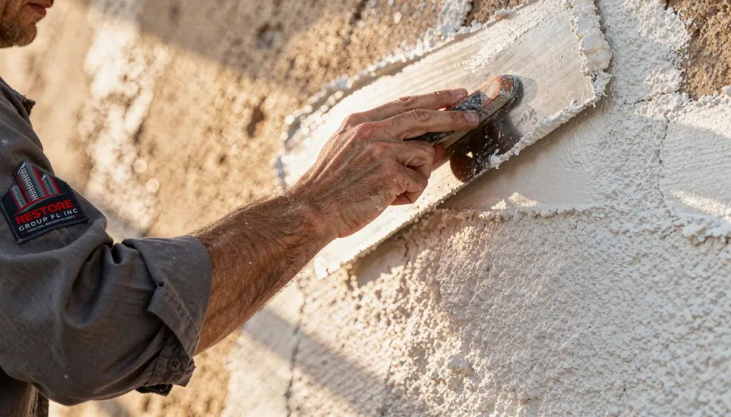 Close-up of Restore Group FL technician applying stucco finish